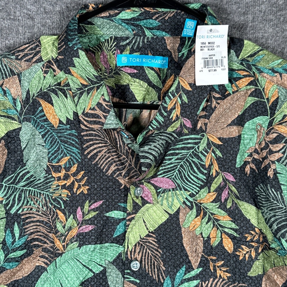 NEW Tori Richard Hawaiian Shirt Mens XL Black Monteverde Cotton Lawn Leaf Print